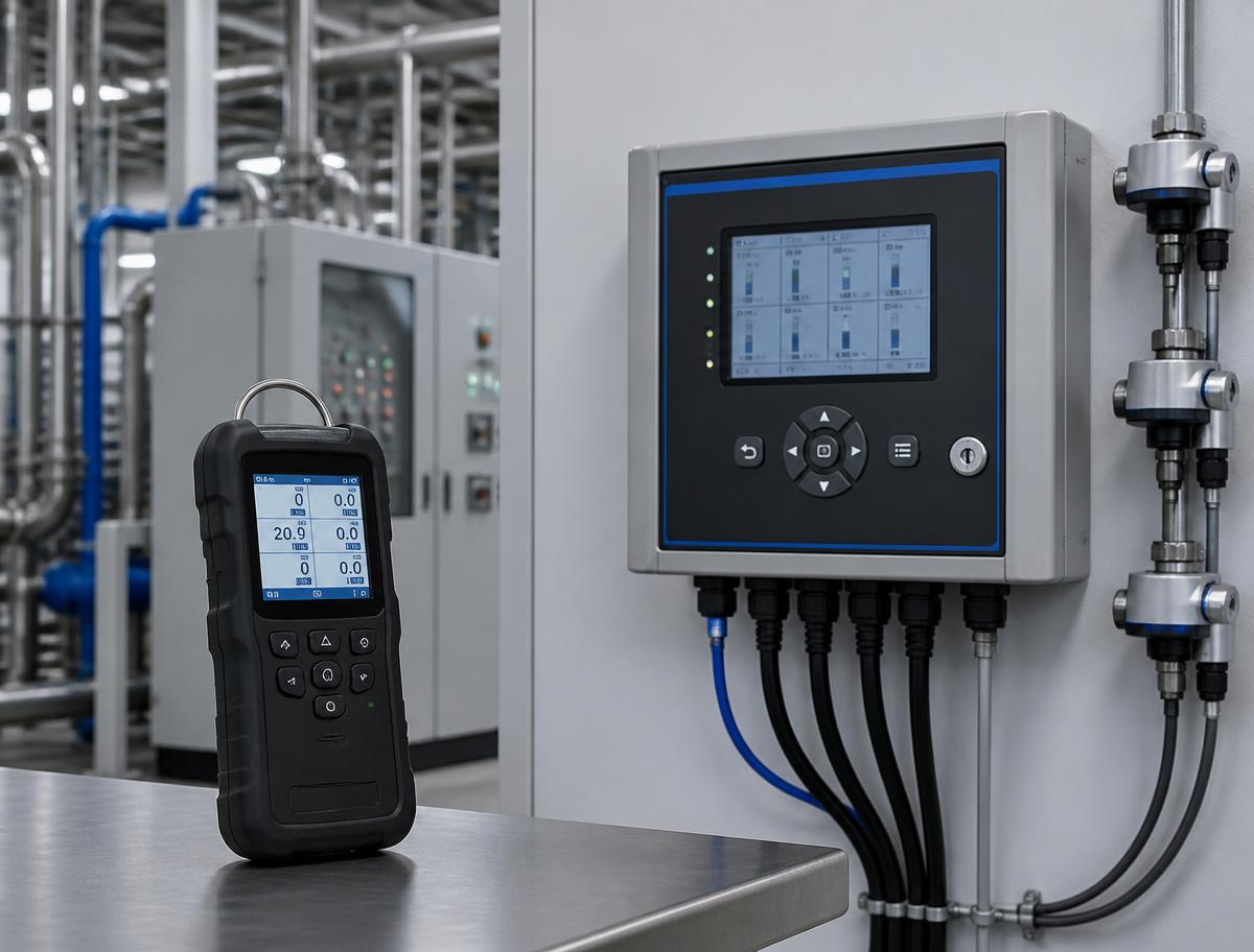 Detector portátil de gases junto a un panel de detección fija en planta